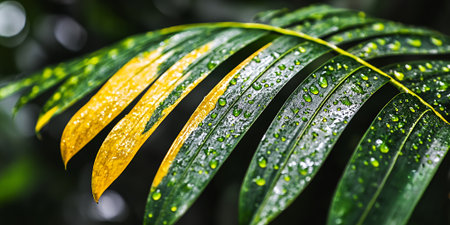 Vibrant Green and Yellow Tropical Leaves with Dew Drops Close Up Nature Photographyの素材