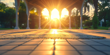 Serene Sunset Prayer Rug on Patio Golden Hour Light Peaceful Outdoorsの素材