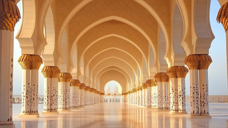 Majestic Islamic Architecture Grand Colonnade with Golden Accents and Arched Pathwaysの素材