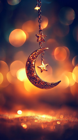 Golden Crescent Moon and Stars Charm Hanging Decor Festive Bokeh Backgroundの素材
