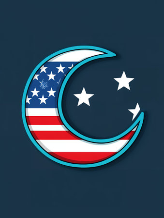 American Flag Crescent Moon Stars Night Sky Design Graphic Patriotic usa red art blue july flat iconの素材
