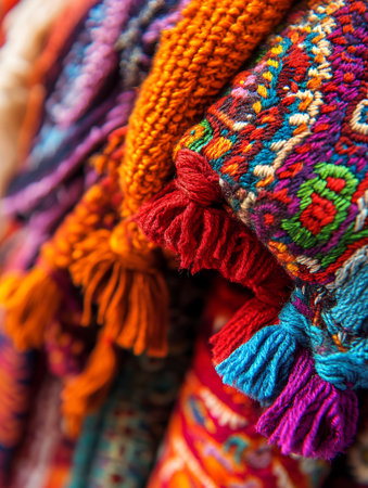 Vibrant Colorful Textile Fabrics Texture Background Bohemian Ethnic Style Handmade Woven Tapestryの素材