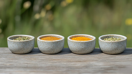 Four Small Bowls of Spices Herbs Aromatic Natural Kitchen food gray life wood brown green seedsの素材