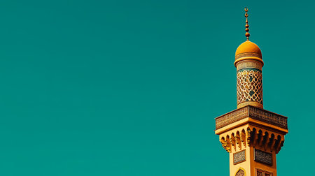 Elegant Minaret Islamic Architecture Teal Background Golden Dome Mosque Sky Art Blue Faith Greenの素材
