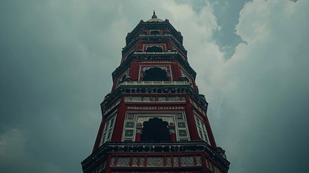 Majestic Red Brick Tower Architectural Design Ancient Building Exterior sky old tall city asia darkの素材