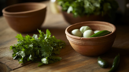 Fresh Herbs Onions Peppers Rustic Kitchen Still Life Photography food clay meal green brown bowlsの素材