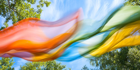 Abstract Colorful Fabric Swirling in Sky Artistic Breeze Motion Blur Photography Soft Blue Imageの素材