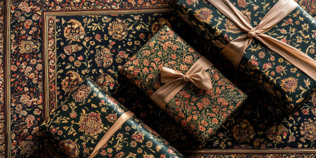 Elegant Floral Gift Wrap Presents Dark Green Gold Autumn Design art bow rich image style decor paperの素材