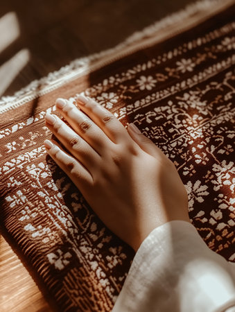 Serene Hand on Brown Prayer Mat Peaceful Spiritual Meditation up hope calm soft warm boho islamの素材