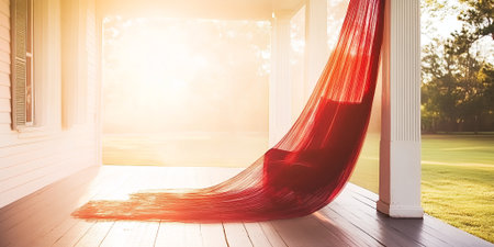 Red Fabric Draped on Porch Chair Sunrise Scene Peaceful Home Exterior art ray calm warm soft lightの素材