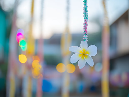 Beautiful White Plumeria Flower Hanging Decor Festive Asian Style Art Soft Calm Bokeh Image Colorの素材