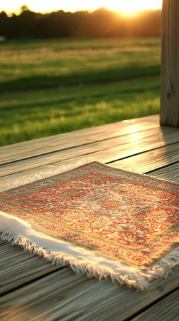 Serene Sunset Prayer Rug Outdoors Peaceful Landscape Golden Hour mat red art calm wood deck homeの素材