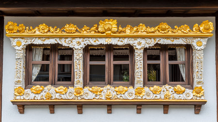 Ornate Golden Window Architectural Detail Exterior Design House art wood home rich decor frame styleの素材