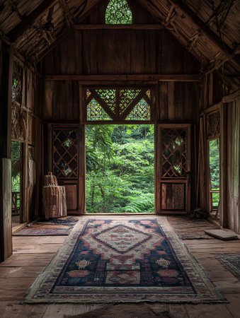 Wooden House Interior Rustic Rug Green Forest View Tranquil Serene Peaceful Natural Light Summerの素材