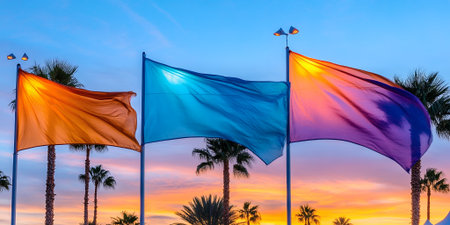 Vibrant Sunset Flags Tropical Palm Trees Scenic Colorful sky art blue wind view calm beach lightの素材