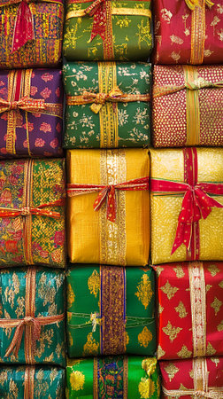 Colorful Gift Boxes Wrapped Luxurious Fabrics Festive Presents Holiday Decorations Rich Texturesの素材