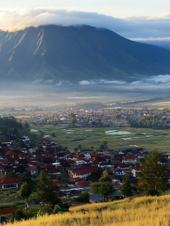 Majestic Mountain Village Scenic Sunrise Landscape View Breathtaking Nature Photography sky dawnの素材