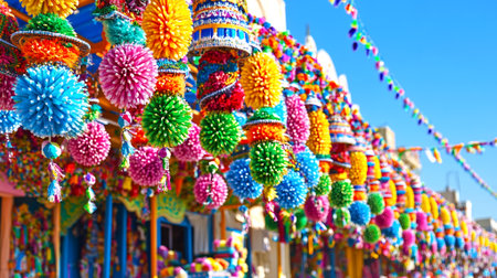 Vibrant Colorful Pom Pom Decorations Festive Hanging Ornaments Street Fair Art Party Craft Indiaの素材