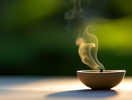 Serene Incense Burning Bowl Peaceful Smoke Green Background Tranquil Nature Aromatherapy Spaの素材