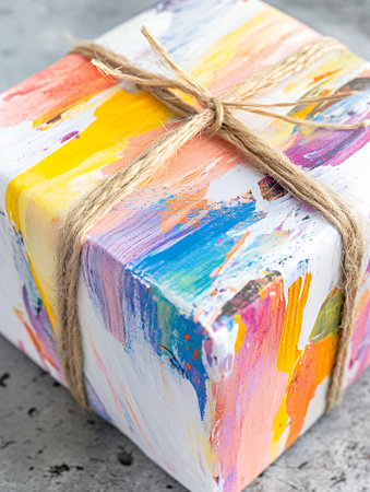 Colorful Abstract Gift Box Packaging Design Artistic Twine Present card paper paint style imageの素材