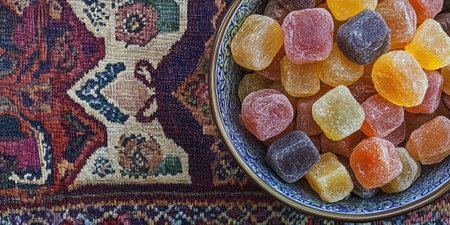Delicious Colorful Candies in Bowl on Rug Sweet Treats red food candy sugar jelly tasty brown sweetsの素材