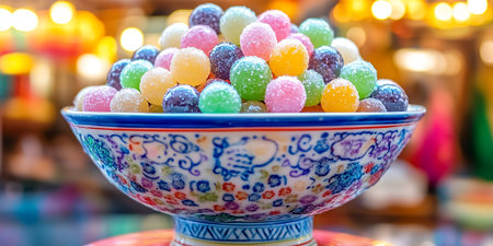 Colorful Sugar Coated Jelly Candy in Vintage Bowl Sweet Treats Food Gummy Retro Taste Yummy Snackの素材