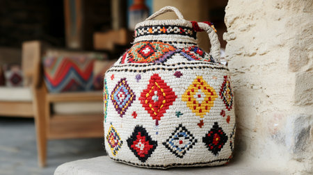 Handcrafted Colorful Woven Jar Decorative Ethnic Boho Style Home Decor art red rug room blue folkの素材