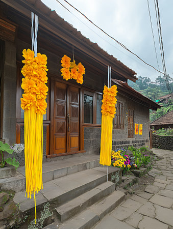 Vibrant Yellow Flower Decorations Adorn Rustic House Entrance Steps Art Home Stone Asian Scene Imageの素材