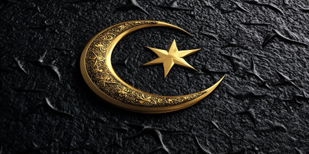 Ornate Golden Crescent Moon Star Design Elegant Background Texture Islamic Symbol art dark faithの素材