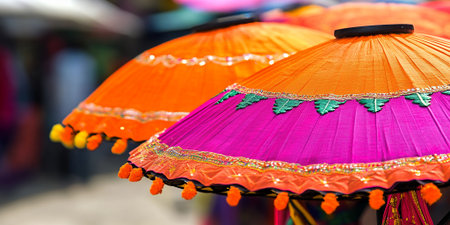 Vibrant Pink Orange Decorated Umbrellas Festive Indian Market art shop craft style image photo stallの素材