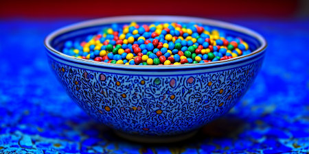 Colorful Candy Coated Chocolates in Blue Bowl Decorative Sweet Treats food life sugar snack tasteの素材