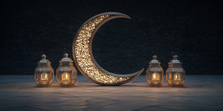 Illuminated Crescent Moon Festive Lanterns Ramadan Night 3D Glow Dark Warm Hope Light Metal Shinyの素材