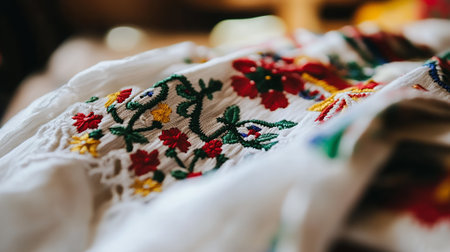 Beautiful Floral Embroidery on White Fabric Detailed Closeup Shot red art folk craft green clothの素材