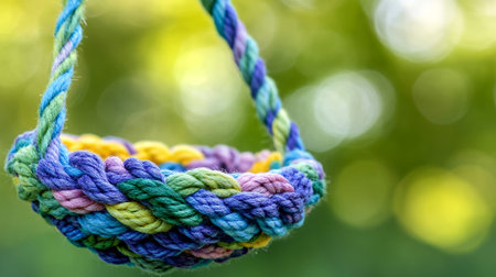 Colorful Braided Rope Basket Hanging Nature Background up art blue pink yarn cord craft green closeの素材