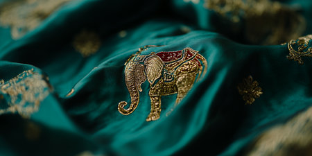 Teal Silk Fabric Texture Gold Elephant Embroidery Design art rich dark craft style drape folds greenの素材