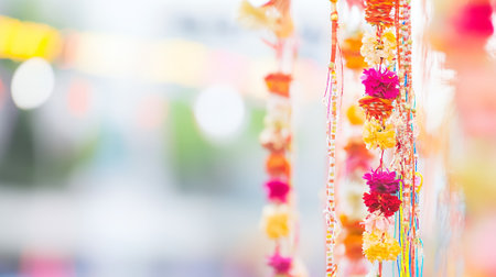Vibrant Floral Garland Festive Decoration Hanging Colorful Threads Bokeh Background Pretty Flowersの素材