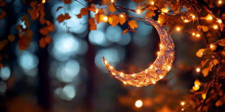 Illuminated Crescent Moon Autumn Leaves Night Lights String Festive Decor warm cozy fall tree darkの素材