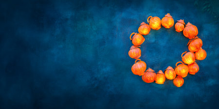 Glowing Orange Lanterns Festive Autumn Wreath Dark Blue Background Warm Cozy Fall Card Light Imageの素材