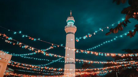 Night Mosque Festive Lights Illuminated Tower Beautiful Architecture Sky City Dark Glow Teal Warmの素材