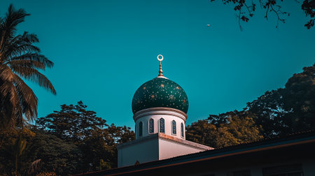 Stunning Teal Mosque Dome Under Vibrant Blue Sky Tropical Trees Sun Day Hope View Palm Leaf Greenの素材