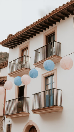 Spanish Style Building Exterior Pastel Lanterns Balconies Architecture home roof pink blue airy townの素材