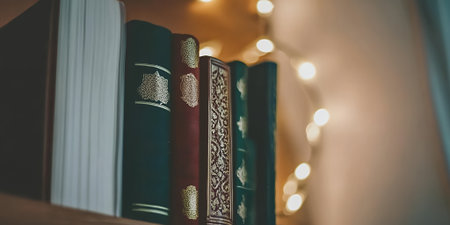 Elegant Antique Bookshelf Decor Gold Detailed Books Festive Lights dark warm cozy home life holyの素材