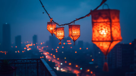 Romantic Evening Cityscape Glowing Lanterns Night Lights Urban View red sky art dark blue warm sceneの素材