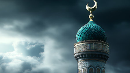 Majestic Mosque Minaret Teal Dome Golden Crescent Moon Dramatic Cloudscape Sky Art Hope Dark Faithの素材