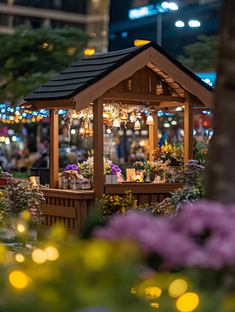 Night Market Flower Stand Wooden Booth Pretty Lights Floral Display Shop City Cozy Warm Dark Saleの素材
