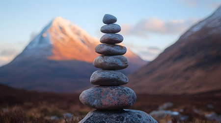 Serene Cairn of Stones Balancing Harmoniously Against a Majestic Mountain Backdropの素材