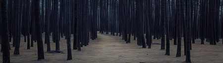 Dark Mysterious Forest Path Deep Woods Nature Scene Photography art mood soil wild trees black trailの素材