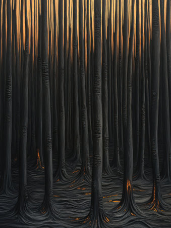 Dark Forest Burning Embers Glowing Trees Night Mysterious Surrealism Artwork Digital Painting fireの素材