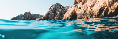Stunning Turquoise Ocean Water Crystal Clear Beach Rocks Summer sea sky sun blue calm view aqua tealの素材
