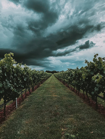 Dramatic Vineyard Landscape Under Dark Storm Clouds Peaceful Green Rows Nature Photography sky wayの素材